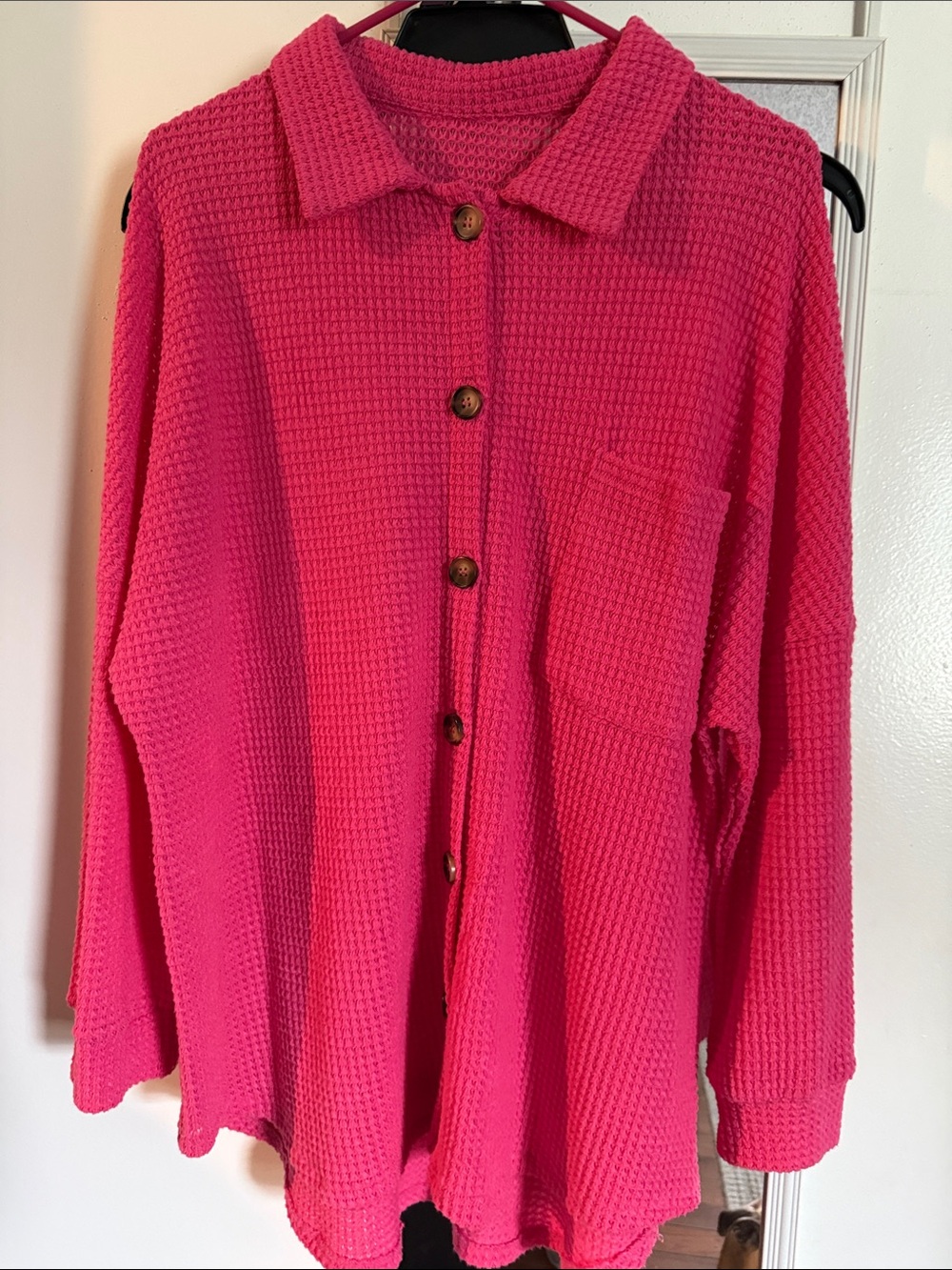 Amazon Hot Pink Waffle-Knit Button-Down Shirt